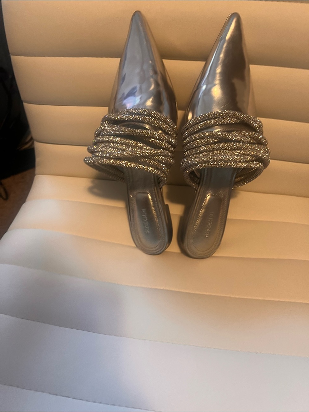 Shiny Silver Pointed-Toe Leather Mules with Crystal Trim - Picture 2 of 6